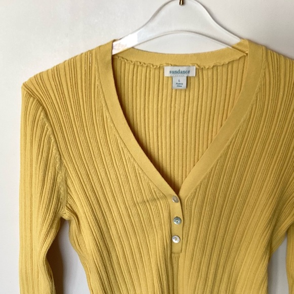 Sundance Long Sleeve V-Neck Ribbed Knit Henley Sweater - Yellow - L - Picture 2 of 7